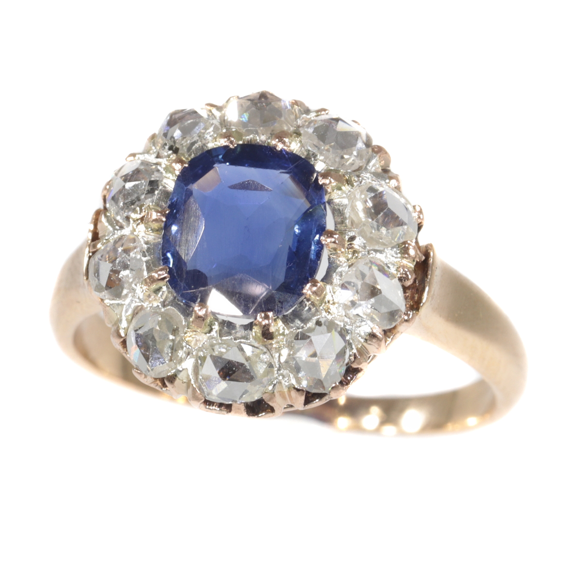 Victorian antique engagement ring with natural sapphire and ten rose cut diamonds